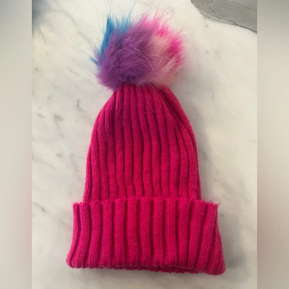 Bari Lynn Hot Pink Knit Beanie Hat with Rainbow Faux Fur Pom One Size Winter EUC